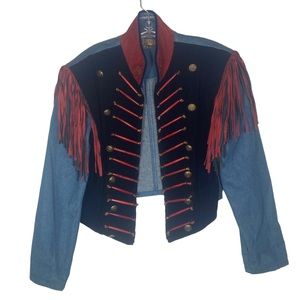 Double D Ranch denim velvet leather fringe jacket. Size small